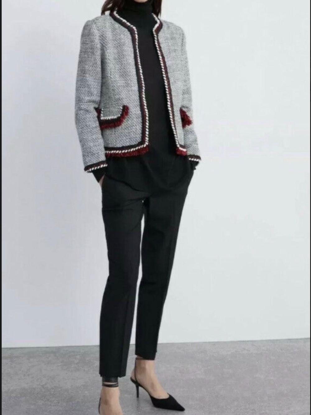 Zara Gray Tweed Open-Front Blazer with Red Trim
